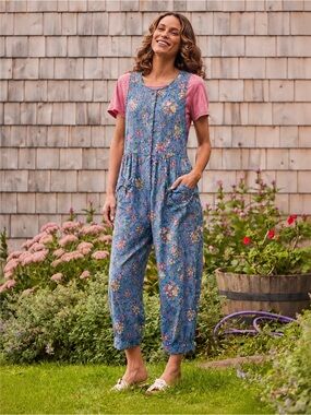 Vintage Ashley Brooke Blue Floral Cottagecore Dungarees Cotton Blend Jumpsuit